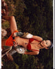 Bai Ling photo print in red bra and orange skirt, vibrant fashion art