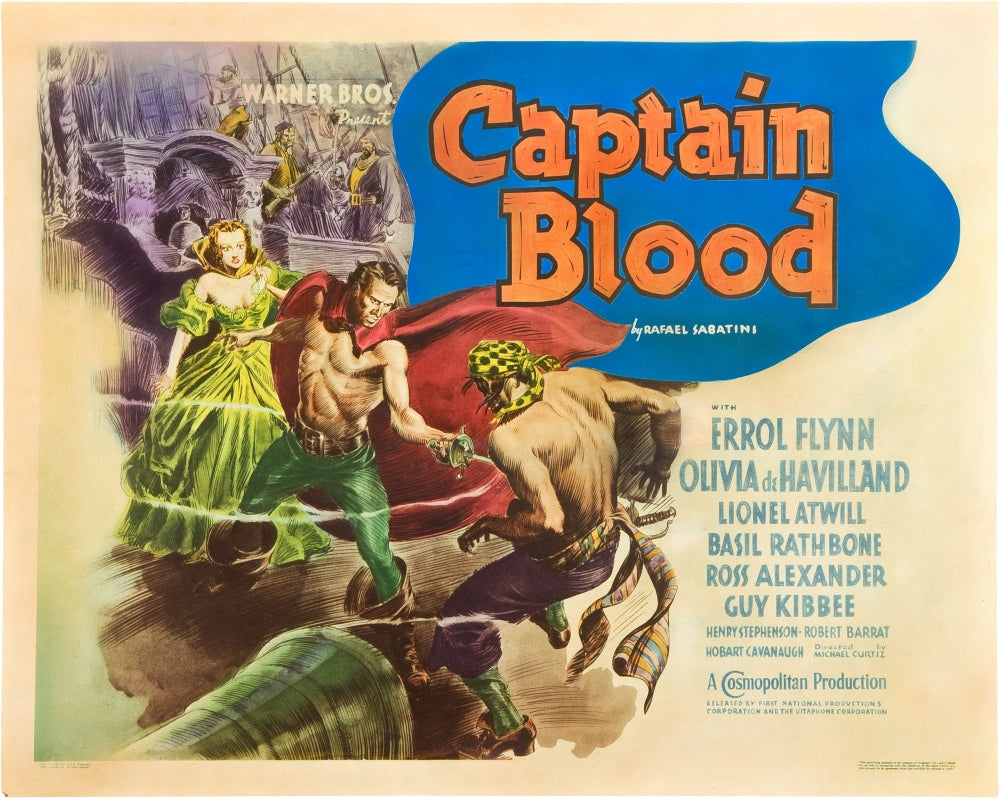 Captain Blood movie poster featuring Errol Flynn and Olivia De Havilland, 1935.