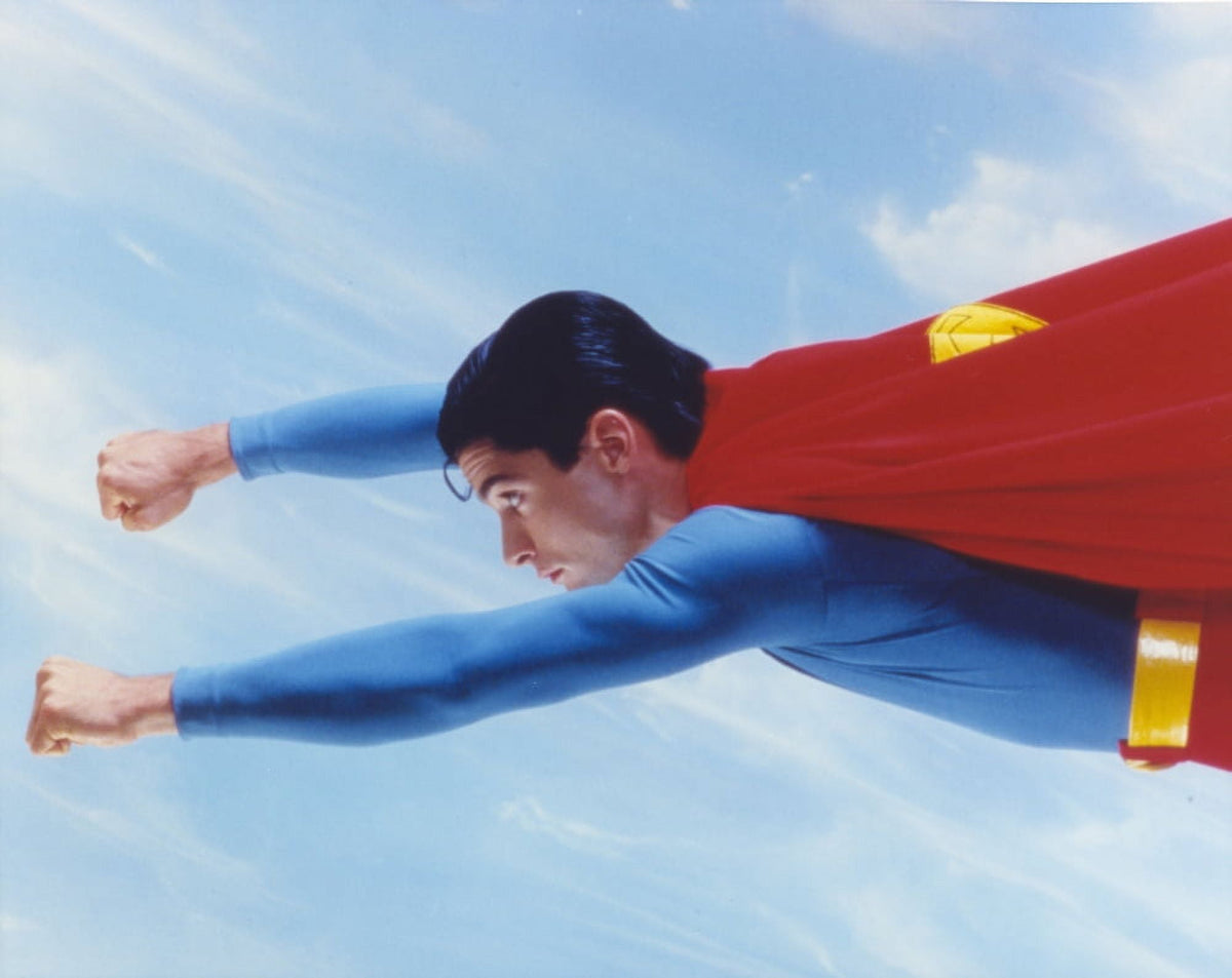 Superboy Flying High in The Sky Photo Print, colorful superhero art