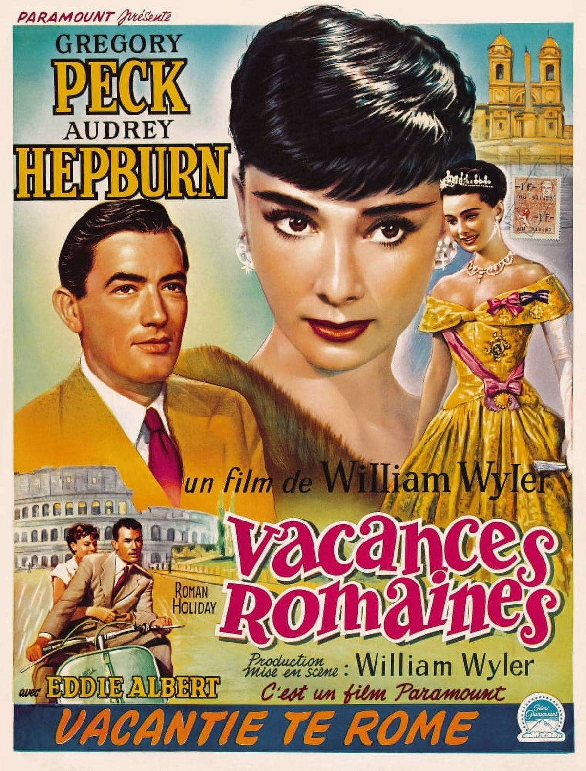 Roman Holiday Movie Poster Masterprint 11x17 featuring Audrey Hepburn and Gregory Peck.