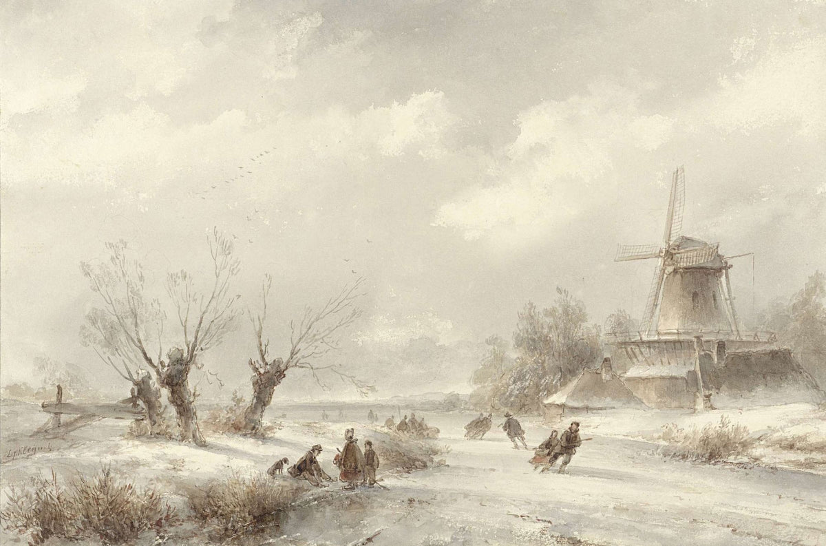 Couples and Families Ice Skating Watercolor Print by Lodewijk Johannes Kleijn