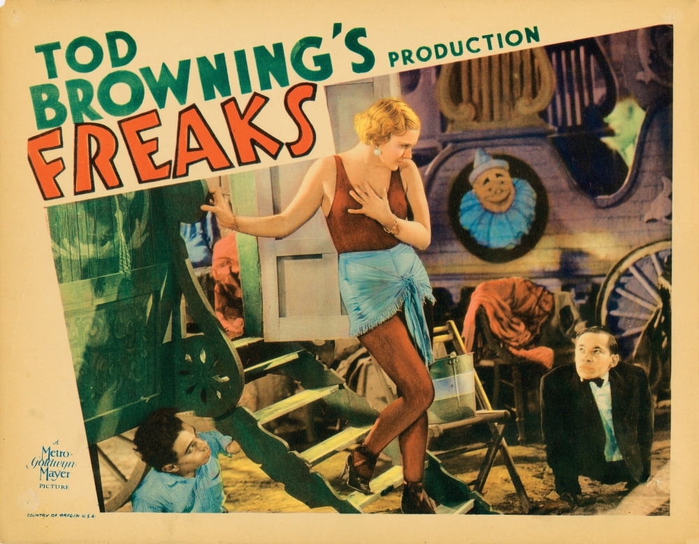 Freaks movie lobby card print featuring Angelo Rossitto, Olga Baclanova, and Johnny Eck.