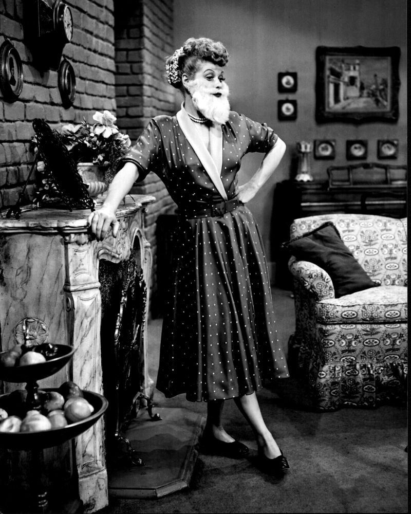 Lucille Ball wearing a fake beard in I Love Lucy black and white photo print.