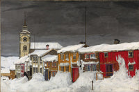 Street in Røros in Winter (1903) art print by Harald Sohlberg depicting a snowy street in Norway.