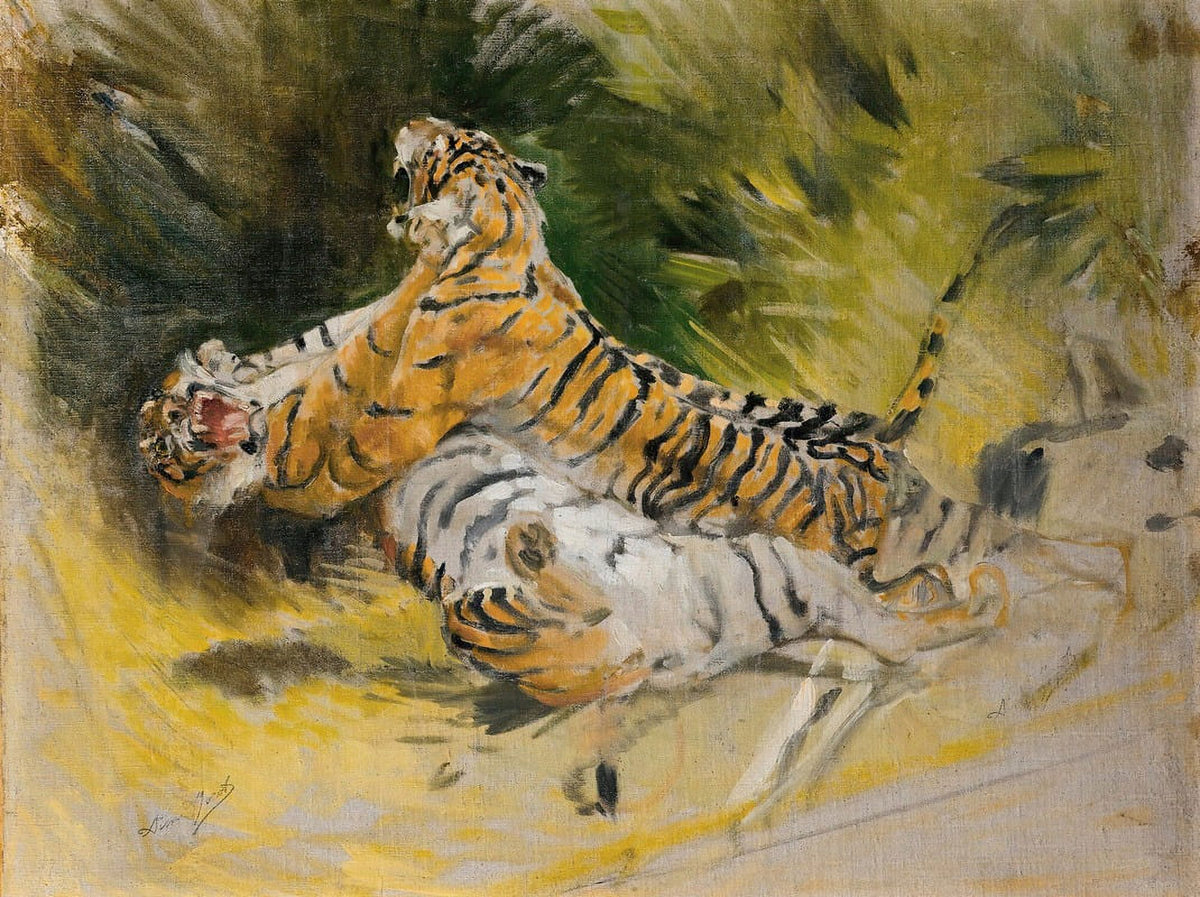 Dynamic Tigers Fighting Poster Print by Aimé Morot showcasing powerful tigers in action.