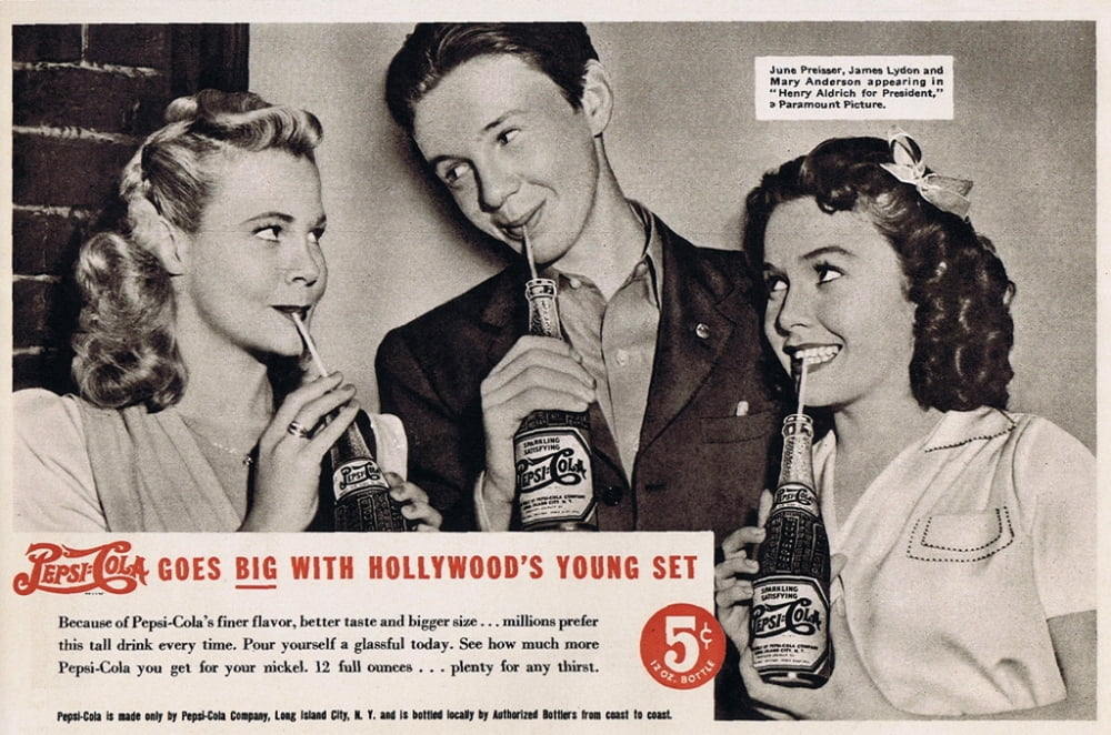 Pepsi ad photo print featuring June Preisser, James Lydon & Mary Anderson in vibrant colors.