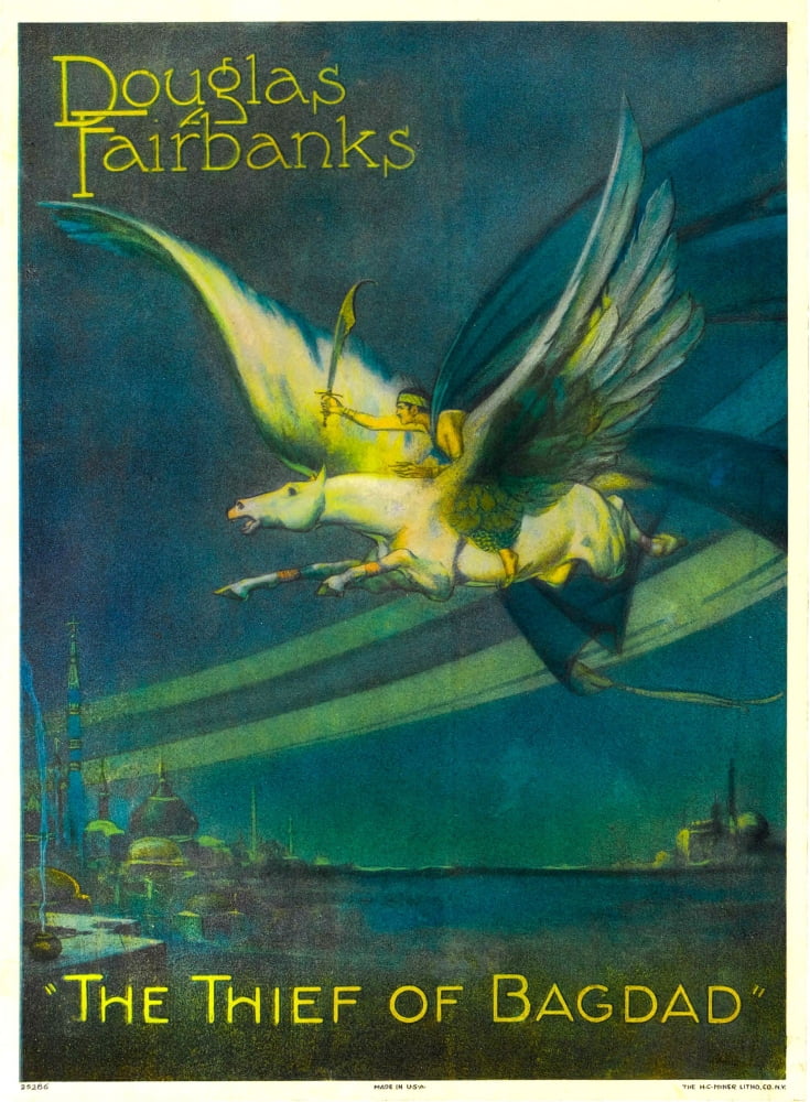 The Thief of Bagdad movie poster featuring Douglas Fairbanks on a flying horse.
