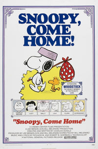 Snoopy Come Home movie poster featuring Snoopy, Woodstock, Charlie Brown, Lucy, Sally, and friends.