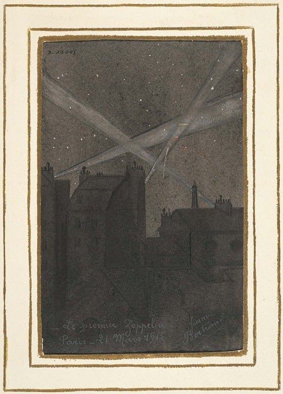Le Premier Zeppelin (1915) poster print by Jeanne Bertrand, showcasing early aviation.