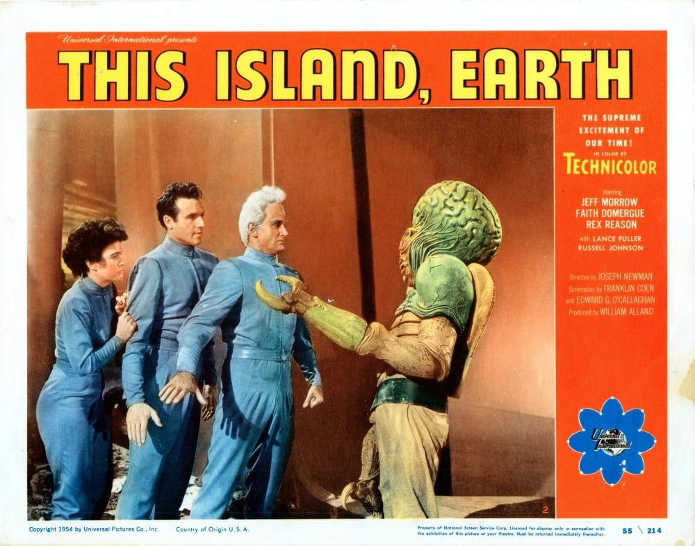 This Island Earth 1955 movie lobby card featuring Faith Domergue, Rex Reason, and Jeff Morrow