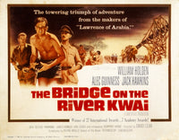 The Bridge on the River Kwai 1957 movie poster print featuring Jack Hawkins, William Holden, and Alec Guinness.