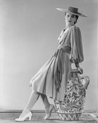 Elegant black and white photo print of Maureen O'Hara in gown and hat