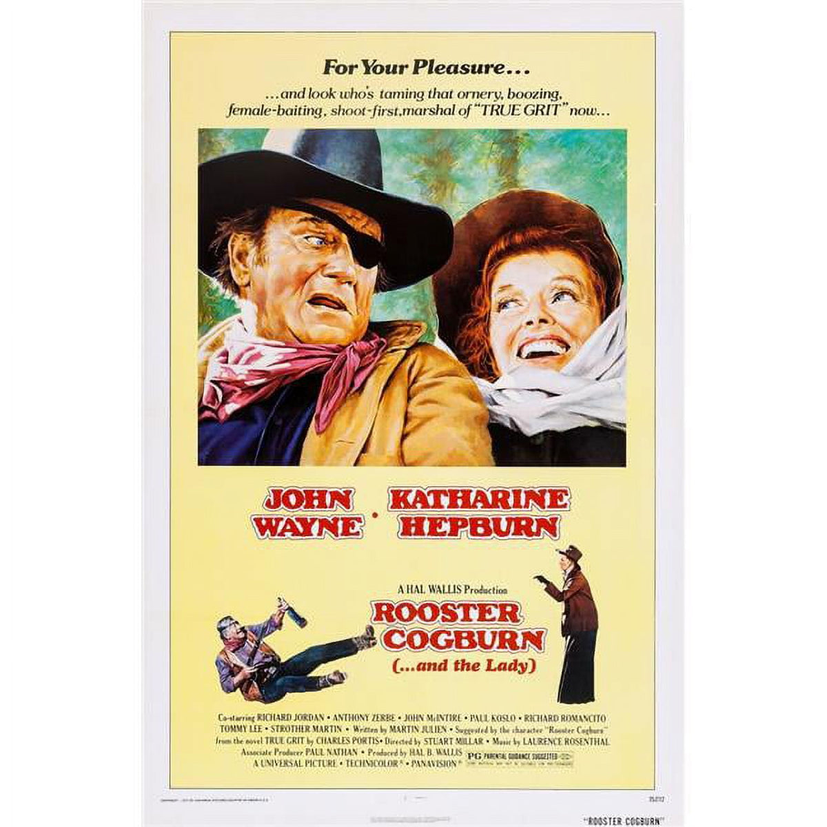 Rooster Cogburn movie poster print featuring John Wayne and Katharine Hepburn.