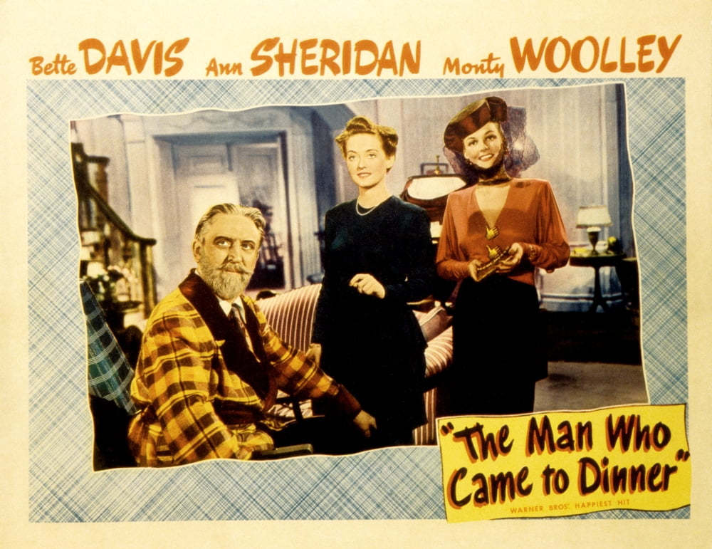 The Man Who Came To Dinner movie poster print featuring Monty Woolley, Bette Davis, and Ann Sheridan from 1942.