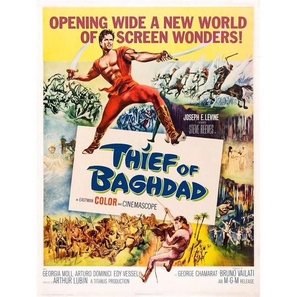 The Thief of Baghdad 1961 movie poster featuring Steve Reeves