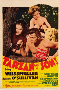 Tarzan Finds A Son movie poster featuring Maureen O'Sullivan and Johnny Weissmuller from the 1939 film.