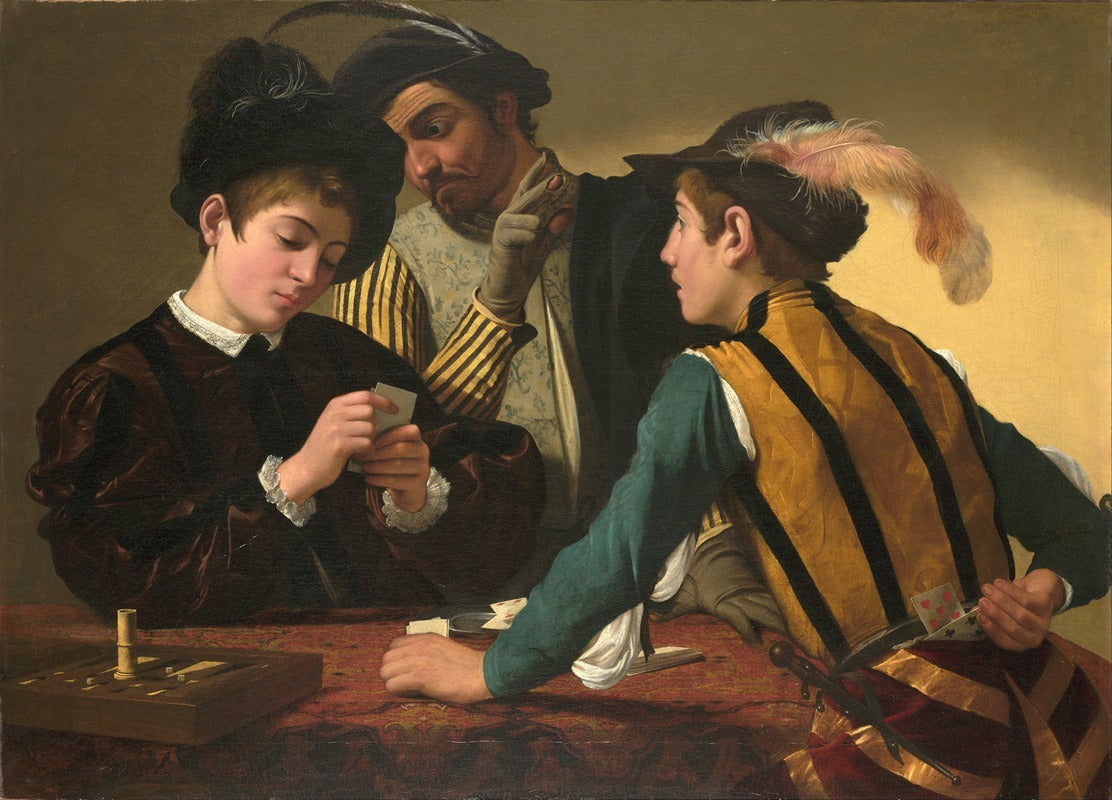 The Cardsharps fine art print by Caravaggio, showcasing a moment of intrigue.
