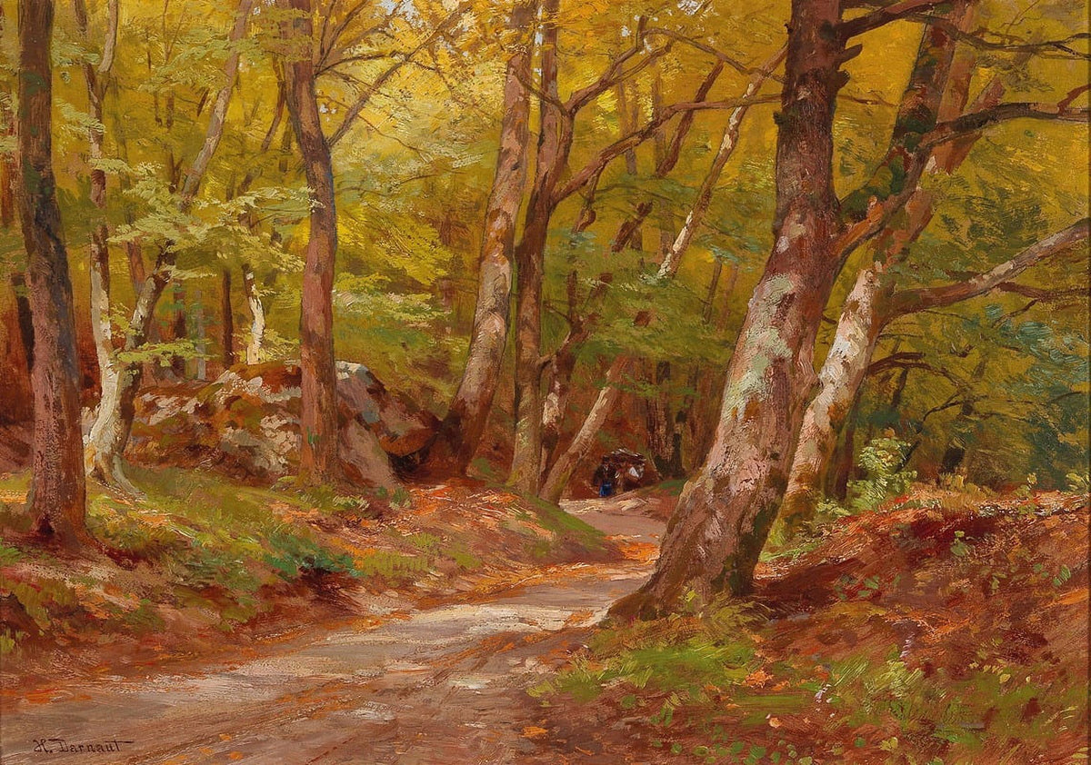 The Path in the Wood art print by Hugo Darnaut, depicting a serene woodland pathway.