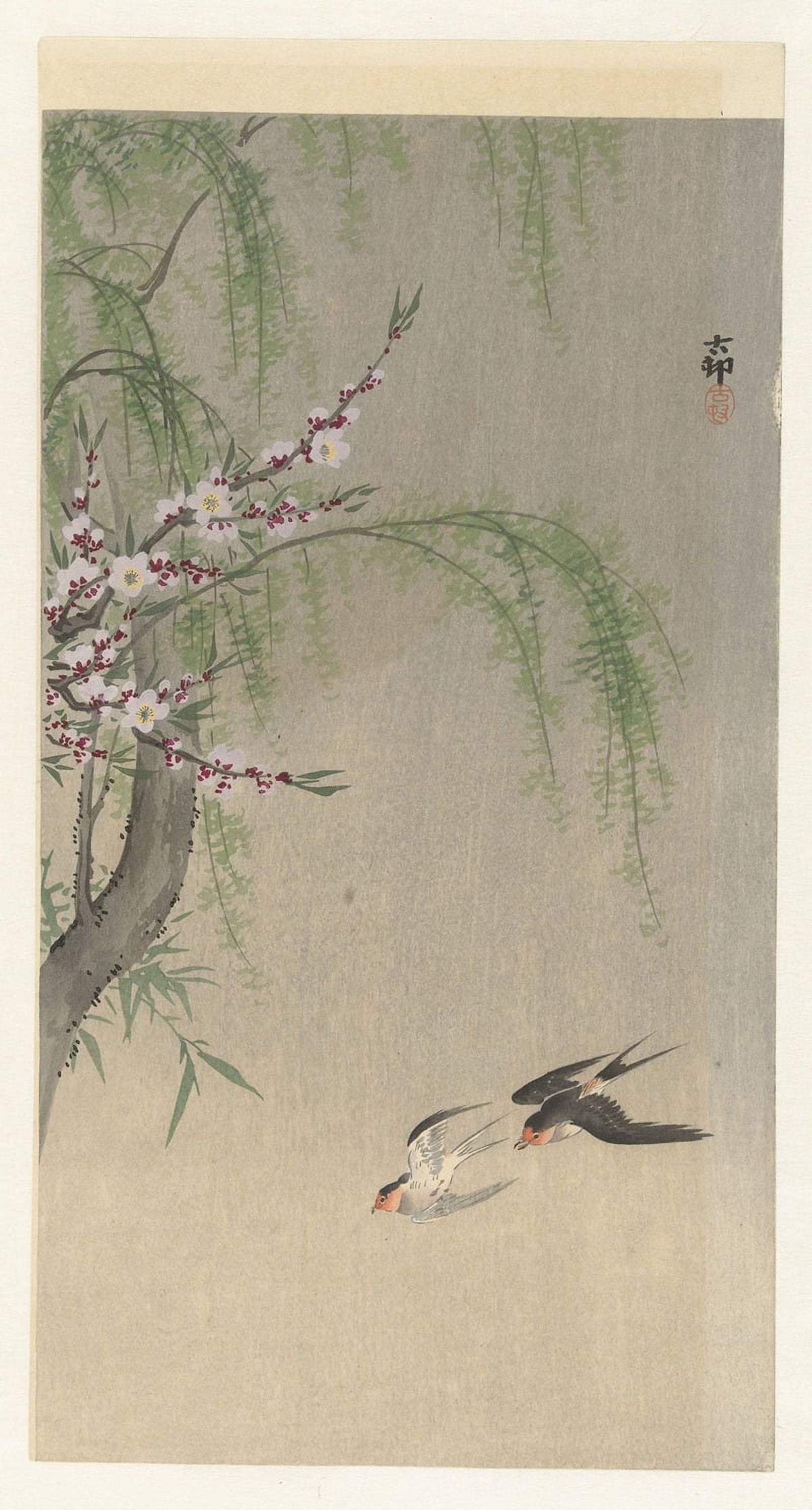 Swallows in Flight art print by Ohara Koson showcasing elegant birds in flight.