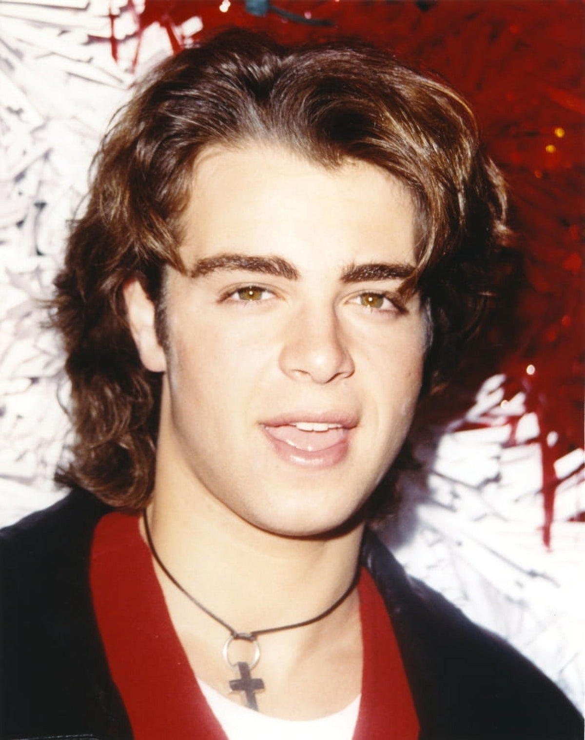Close-up portrait photo print of Joey Lawrence wearing a crucifix necklace.