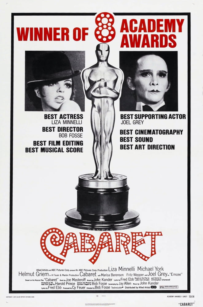 Cabaret movie poster print featuring Liza Minnelli and Joel Grey, 1972.