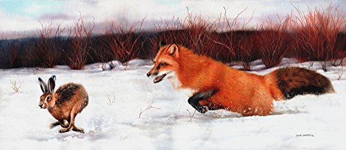 Fox and Hare Poster Print by Sarah Stribbling depicting playful woodland creatures.