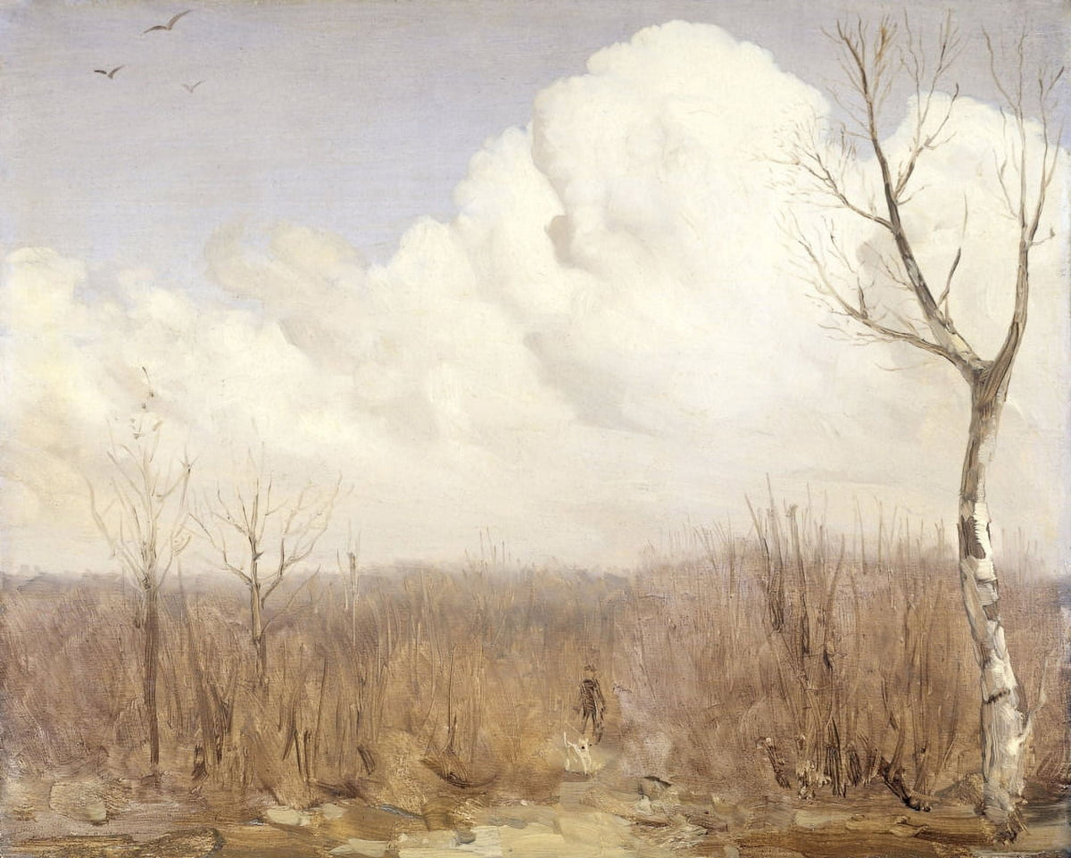 Autumn Day art print by Gerrit Willem Dijsselhof featuring a hunter and dog in an autumn landscape.