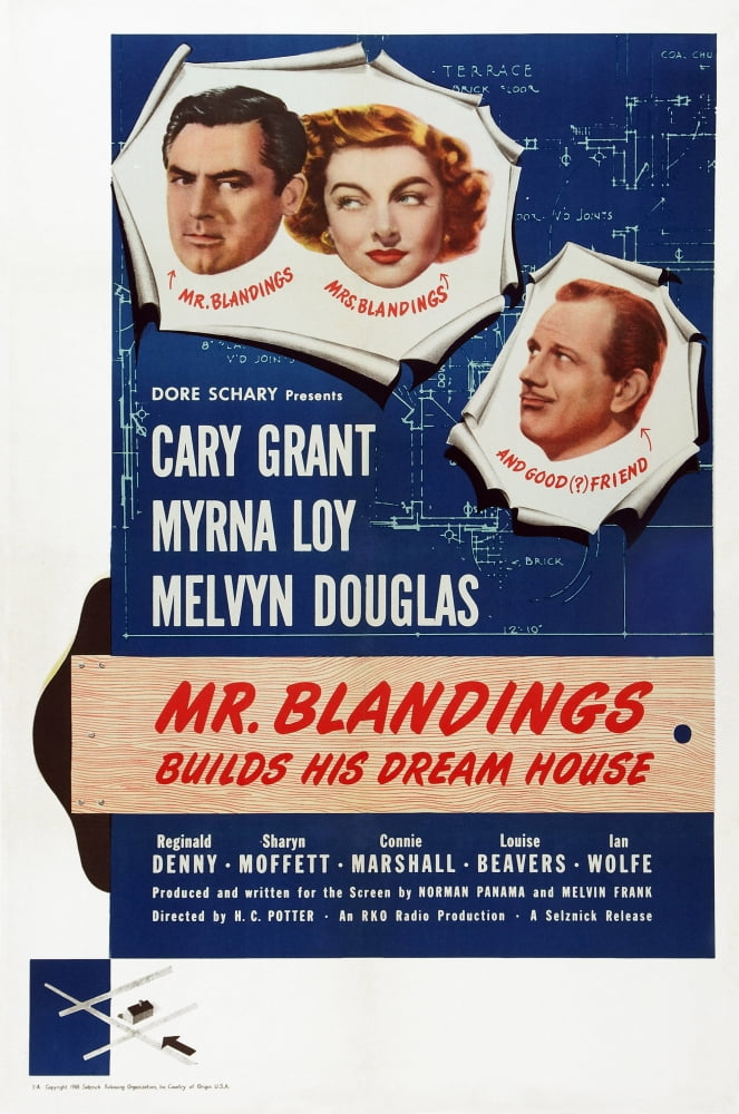 Mr. Blandings Builds His Dream House movie poster print featuring Cary Grant, Myrna Loy, and Melvyn Douglas.