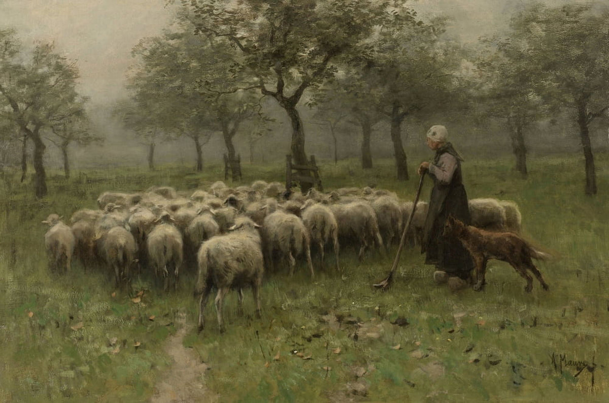 Shepherdess With A Flock poster print by Anton Mauve, depicting sheep and dogs in an orchard.