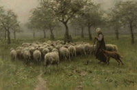 Shepherdess With A Flock poster print by Anton Mauve, depicting sheep and dogs in an orchard.