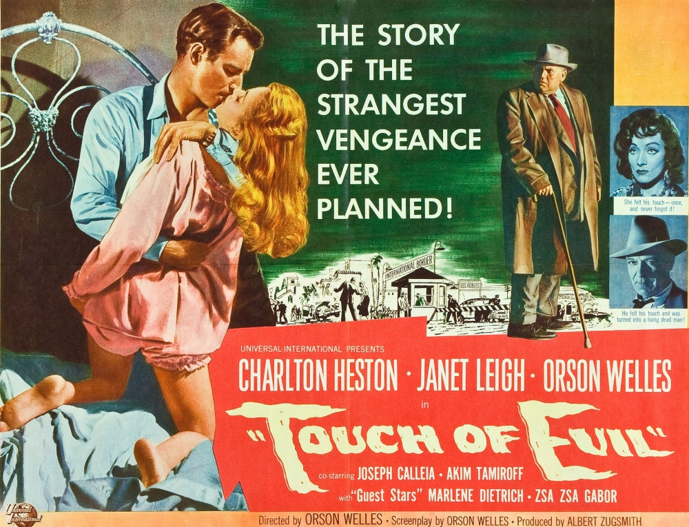 Touch of Evil movie masterprint poster featuring Charlton Heston, Janet Leigh, Orson Welles, Marlene Dietrich, and Joseph Calleia.