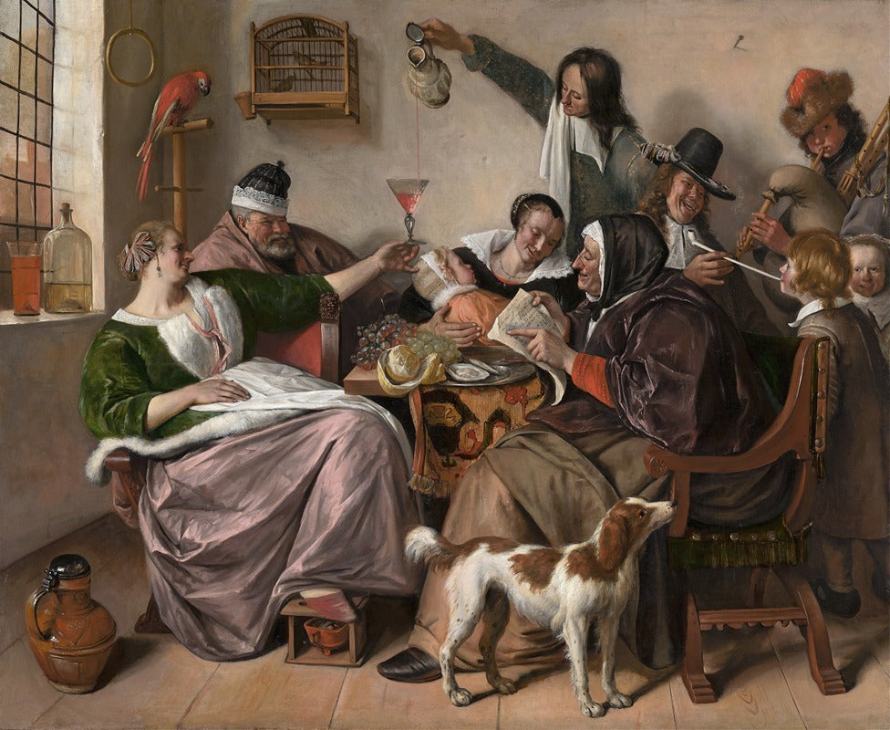 As the Old Sing So Pipe the Young art print by Jan Steen, showcasing generational connection in a colorful scene.