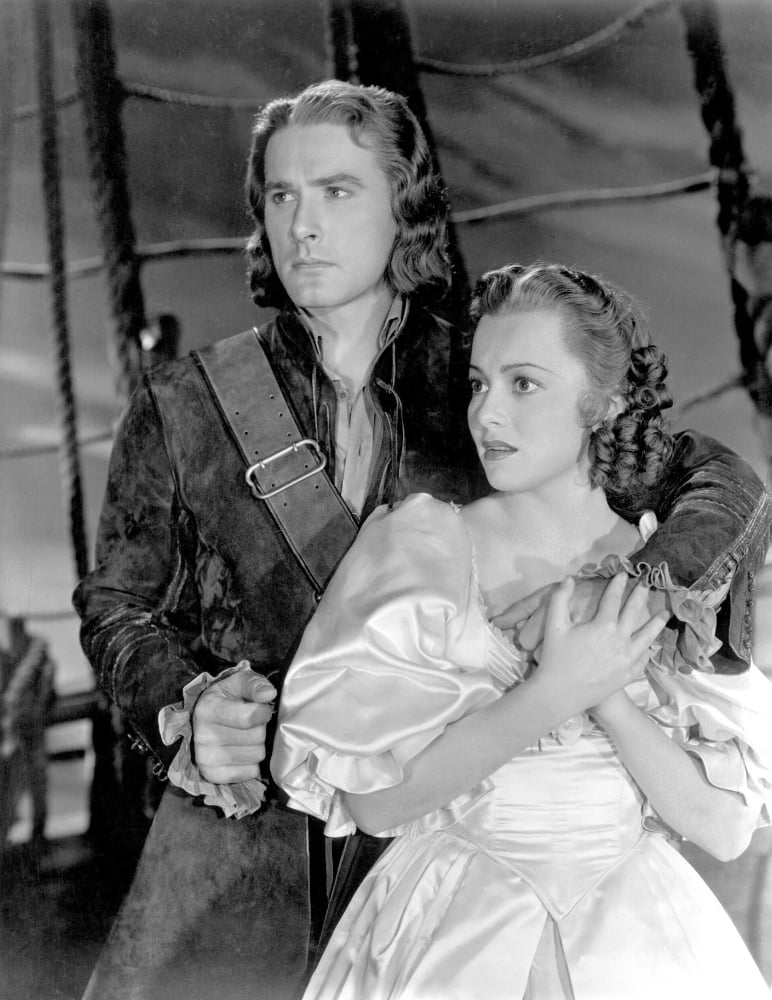 Captain Blood movie poster print featuring Errol Flynn and Olivia De Havilland from 1935.