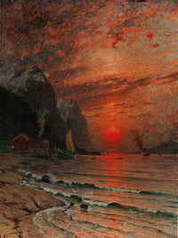 Sunset Over The Fjord Art Print by Adelsteen Normann showcasing vibrant colors.