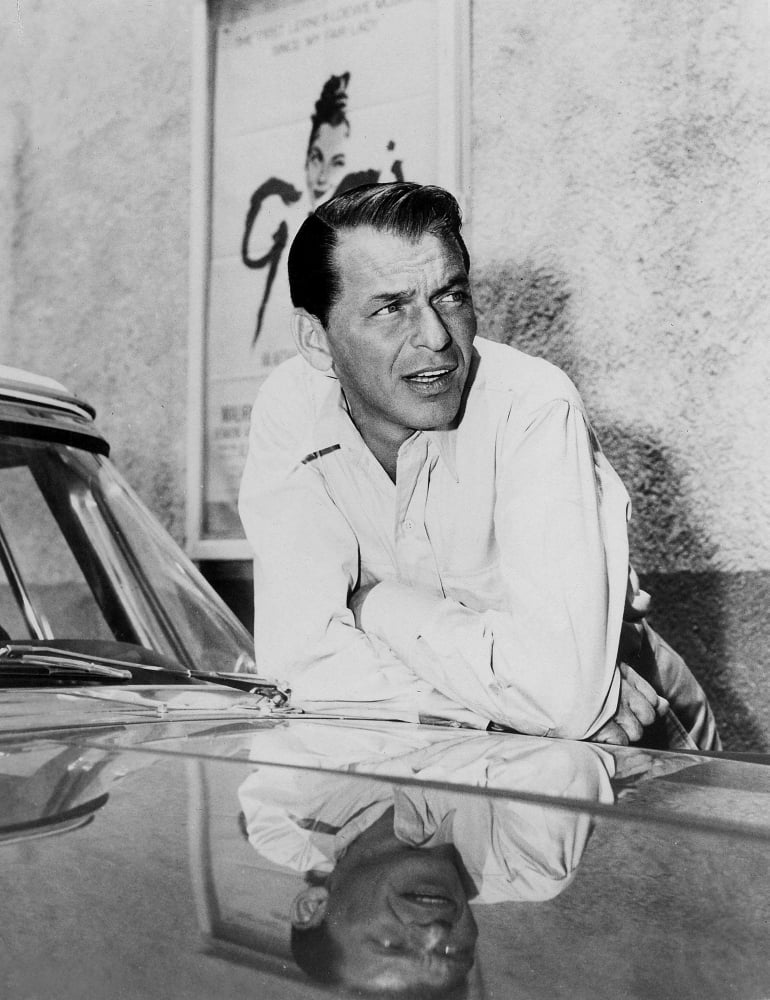 Frank Sinatra photo print by a classic car, perfect for music lovers.
