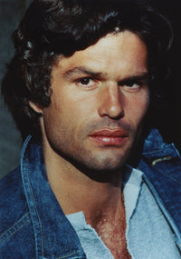 Portrait photo print of Harry Hamlin in a denim jacket.