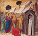The Raising of Lazarus art print by Duccio di Buoninsegna, featuring a vibrant depiction of resurrection.