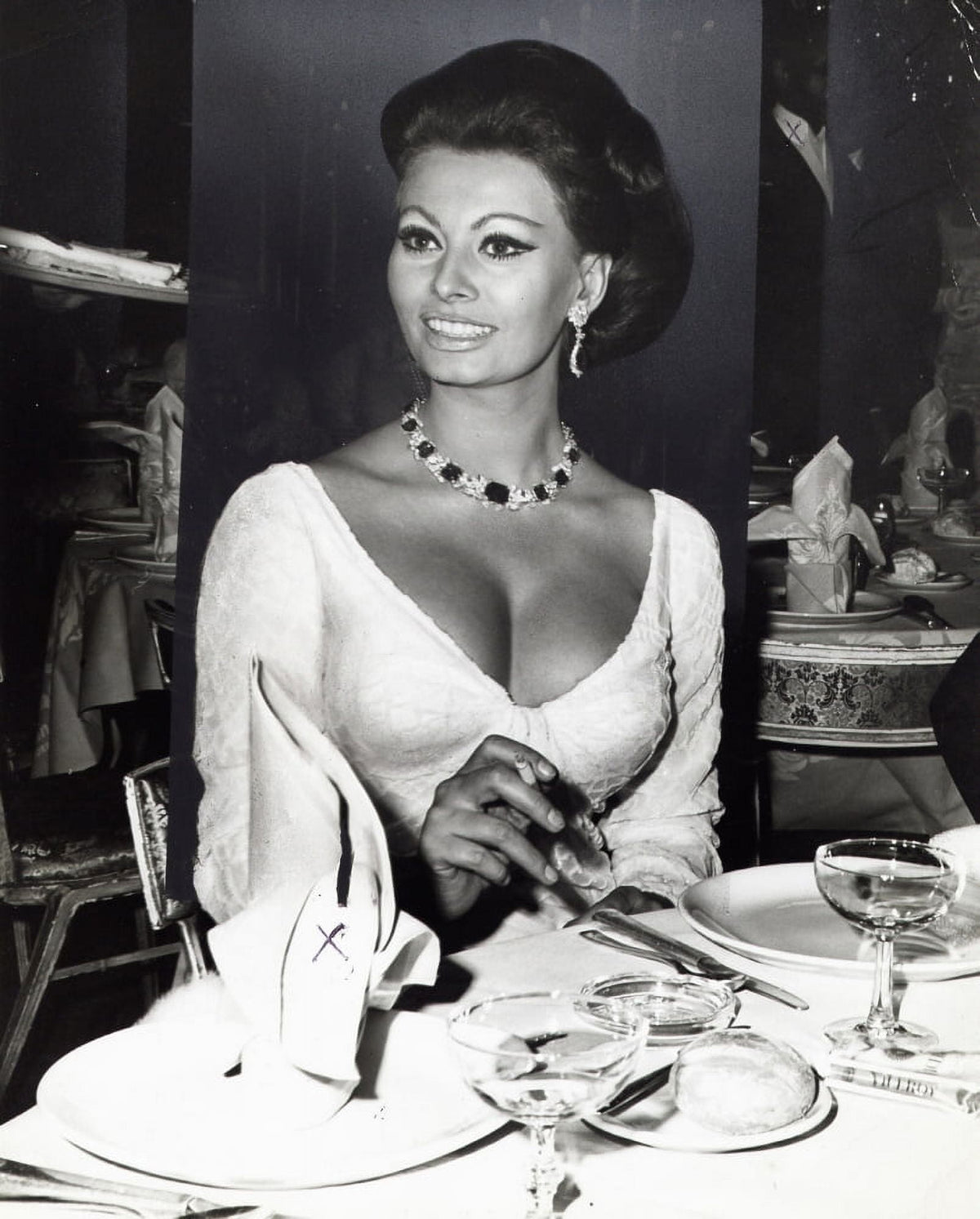 Sophia Loren dining photo print, available in multiple sizes.