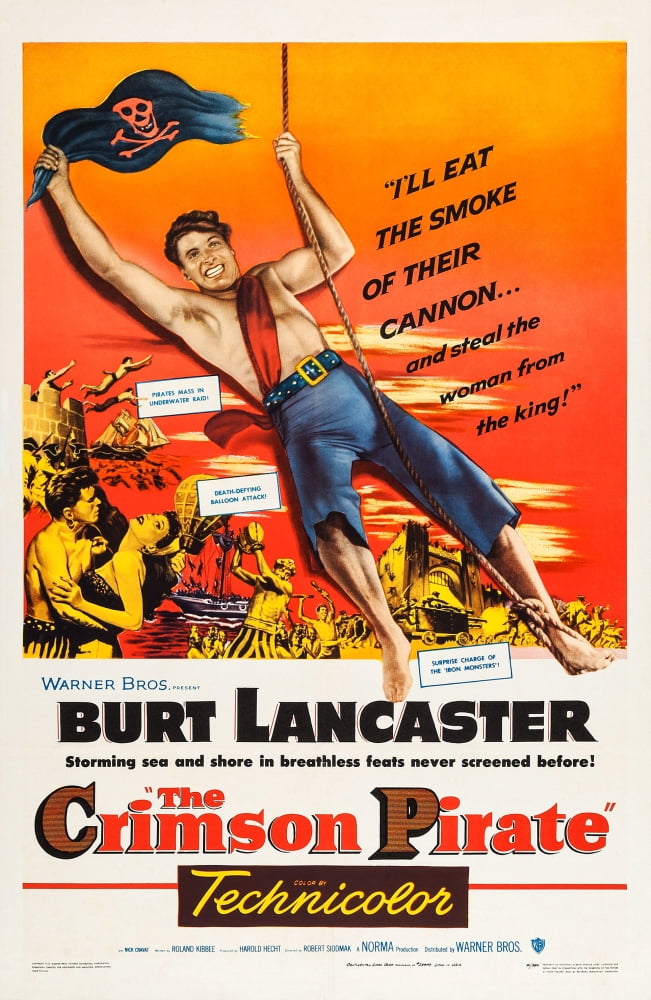 The Crimson Pirate movie poster featuring Burt Lancaster and Eva Bartok, 1952.