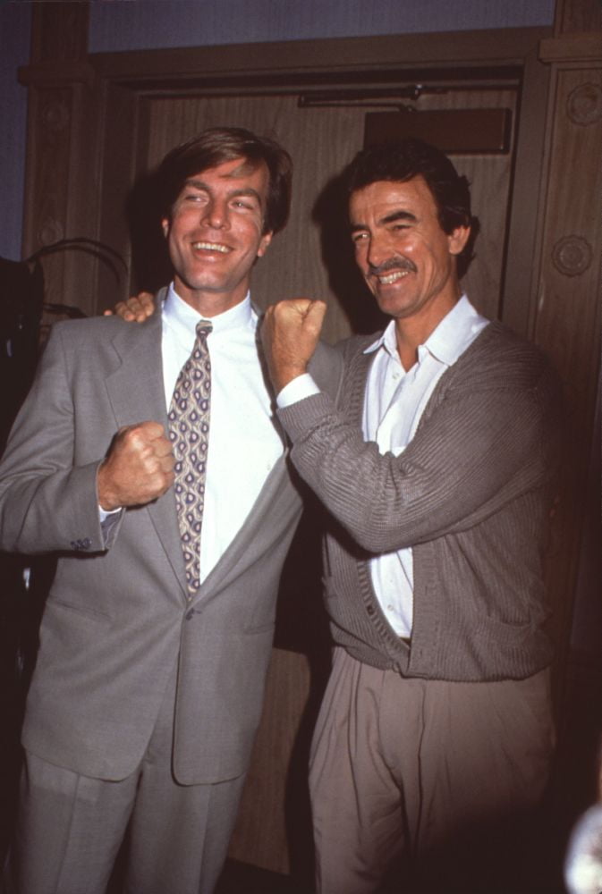 Peter Bergman and Eric Braeden making fists on set of The Young and the Restless photo print