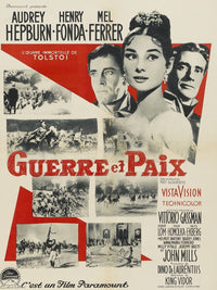 War and Peace movie poster print featuring Henry Fonda, Audrey Hepburn, and Mel Ferrer from 1956.