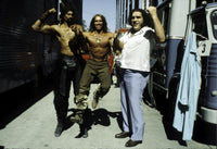 Photo print of Arnold Schwarzenegger, Wilt Chamberlain, and Andre the Giant on the set of Conan The Destroyer.