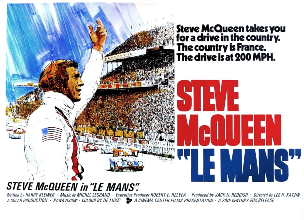 Le Mans movie poster featuring Steve McQueen, 1971 film.