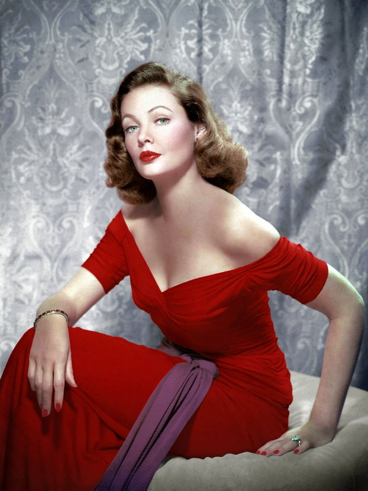 Gene Tierney photo print in red dress with purple sash
