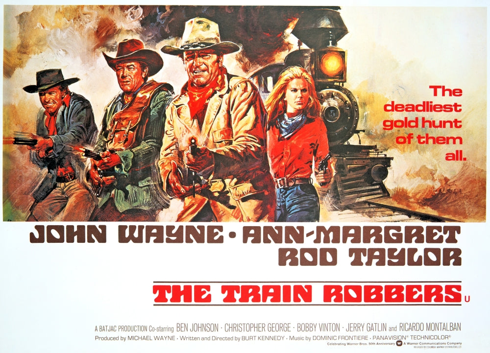 The Train Robbers movie poster masterprint featuring John Wayne and Ann-Margret, 1973.