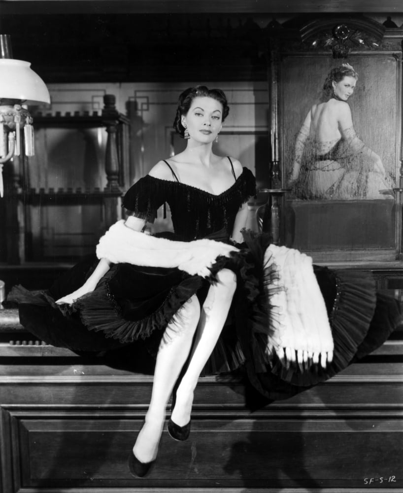 Yvonne De Carlo black and white photo print in elegant outfit with white scarf.