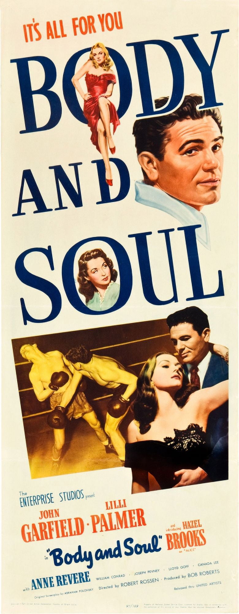 Body and Soul movie poster print featuring John Garfield and Lilli Palmer from 1947.