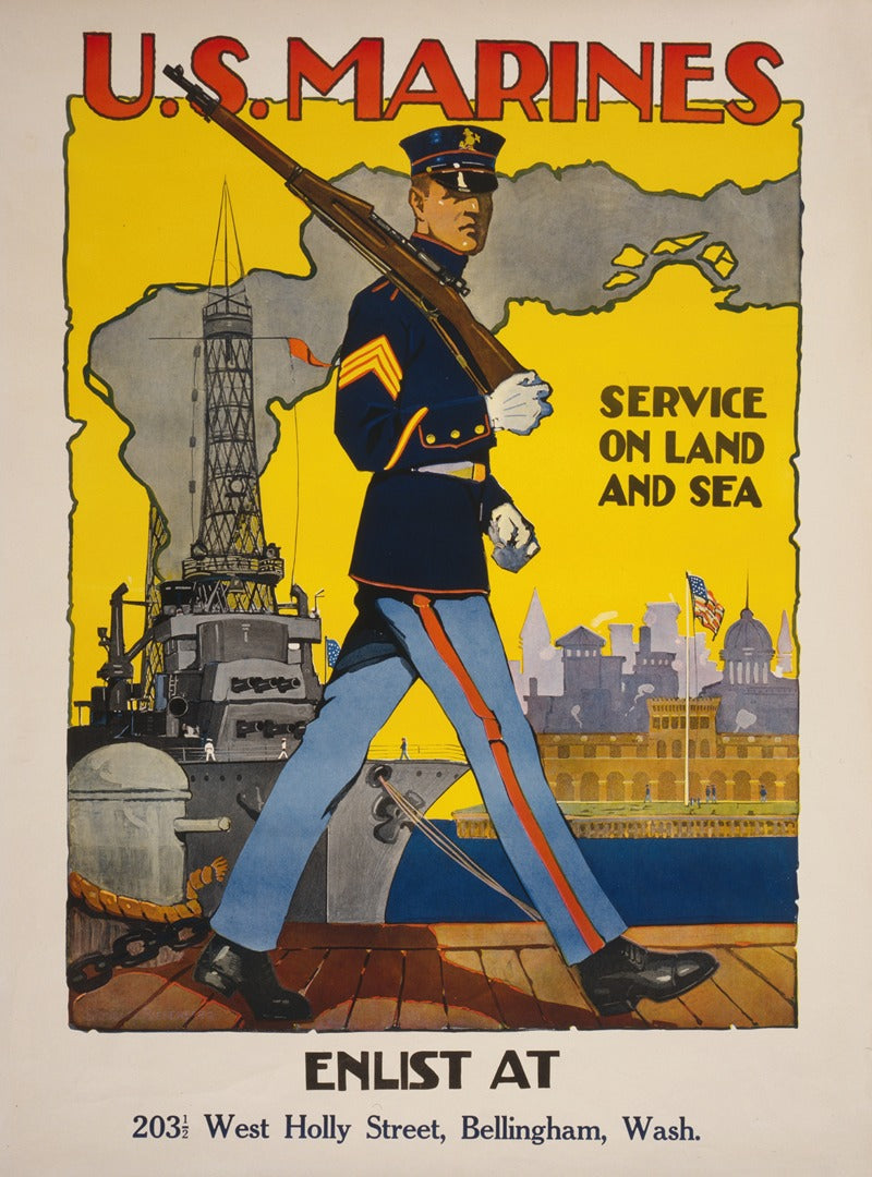 U.S. Marine Corps Service on Land and Sea (1917) poster print by Sidney Riesenberg.