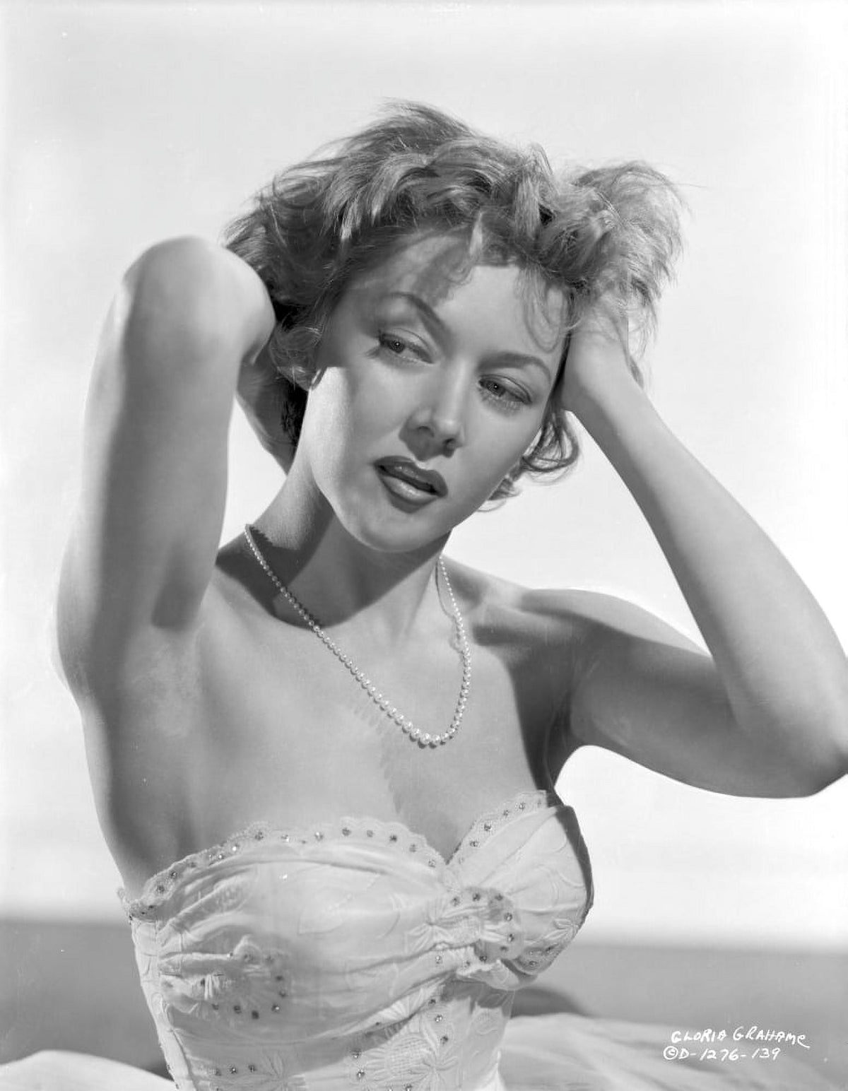 Gloria Grahame black and white photo print in elegant gown.