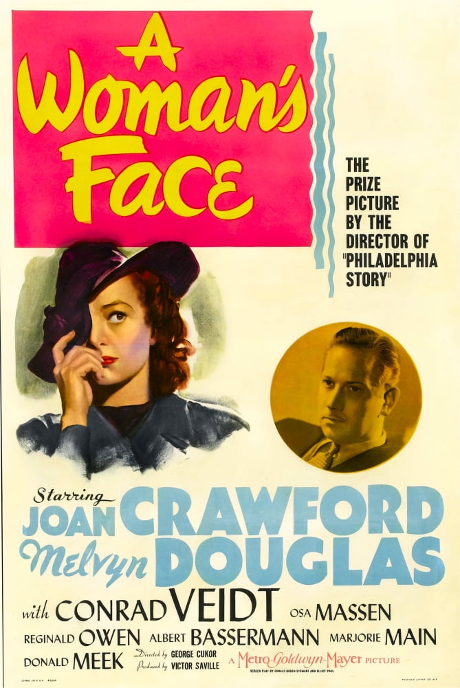 A Woman's Face movie poster featuring Joan Crawford and Melvyn Douglas, 1941 classic film art.